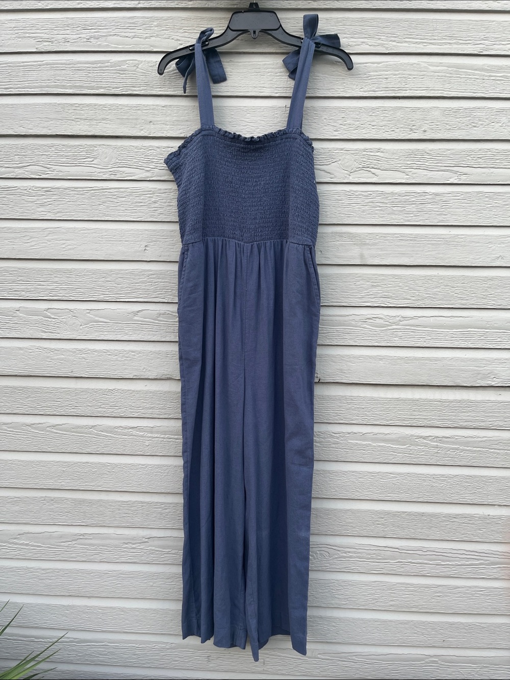Susina Slate Blue Smocked Jumpsuit with Tie Straps